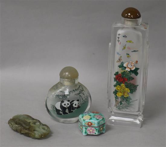 A carved jade panel, snuff bottles etc